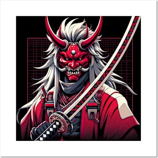 Japanese Samurai with ancient ghost mask: 日本古代のお化けの面 Posters and Art